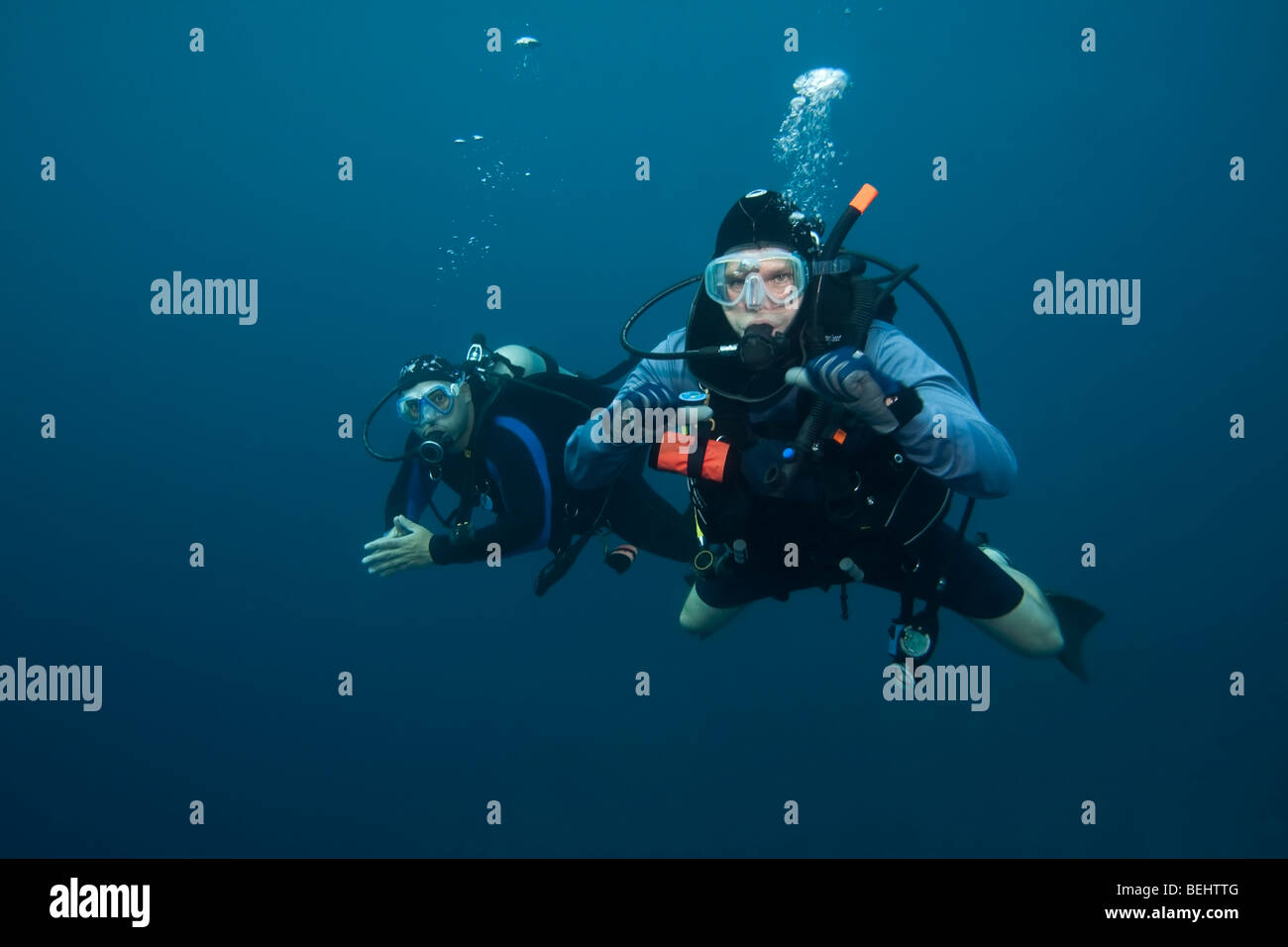 Two Divers diving off Bonaire, Netherlands Antilles Stock Photo Alamy