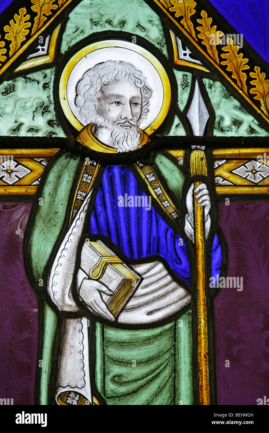 A stained glass window depicting St Thomas the Apostle, All Saints Church, Wighton, Norfolk by Joseph Grant of Costessey Stock Photo
