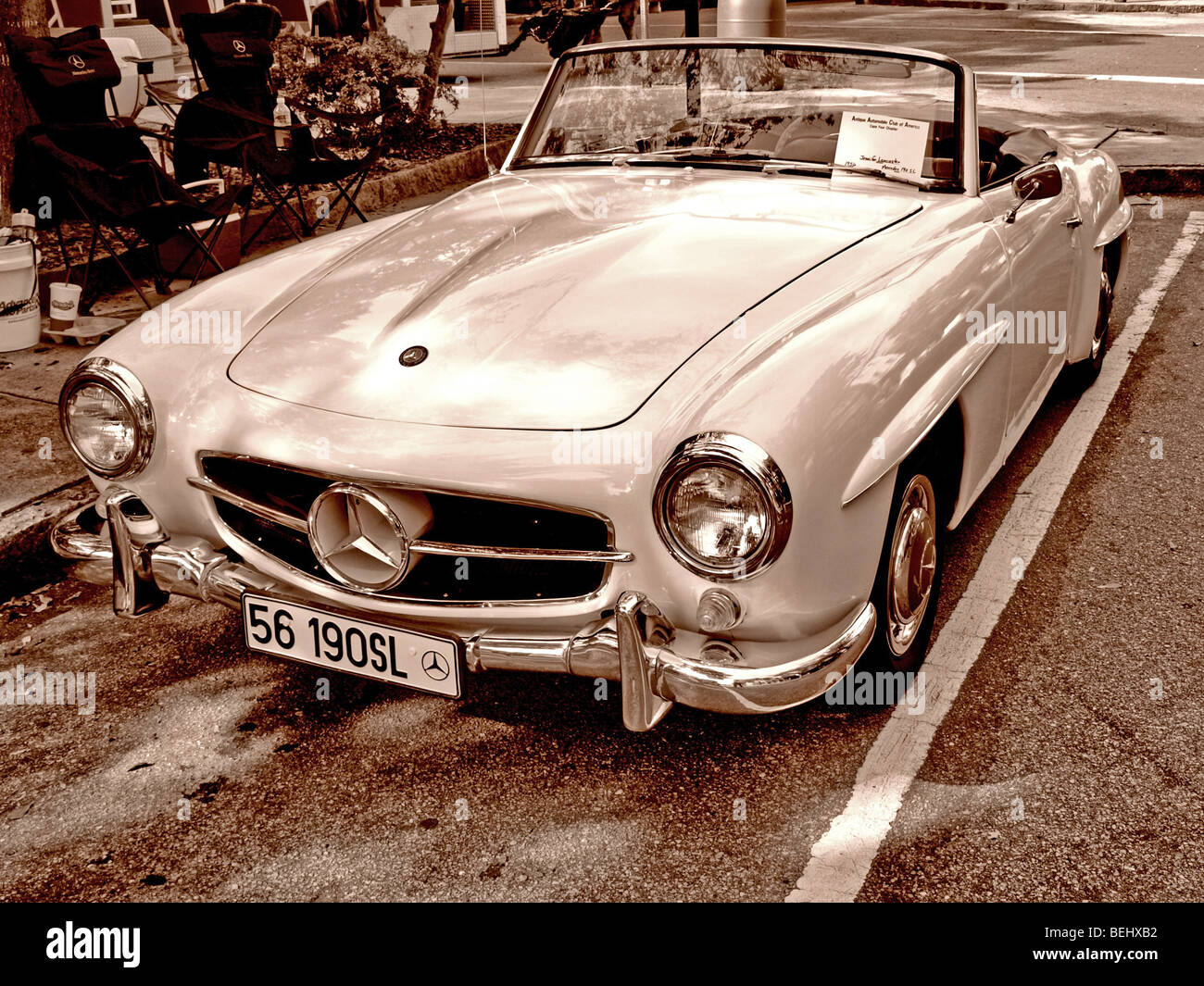 classic car automobile 1956 Mercedes Benz sports coup convertible in sepia Stock Photo