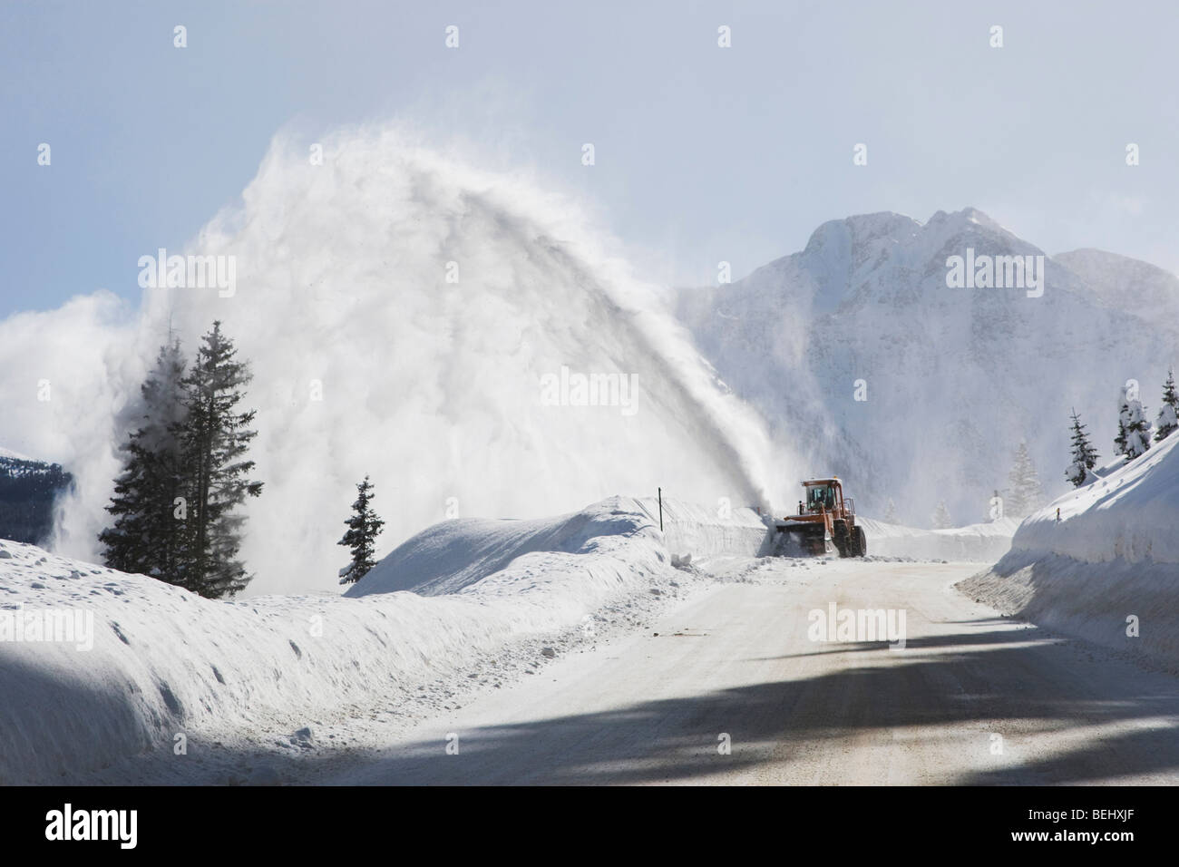 Clearing road with snow blower, Red Mountain Pass, Ouray, Rocky Mountains, Colorado, USA Stock Photo