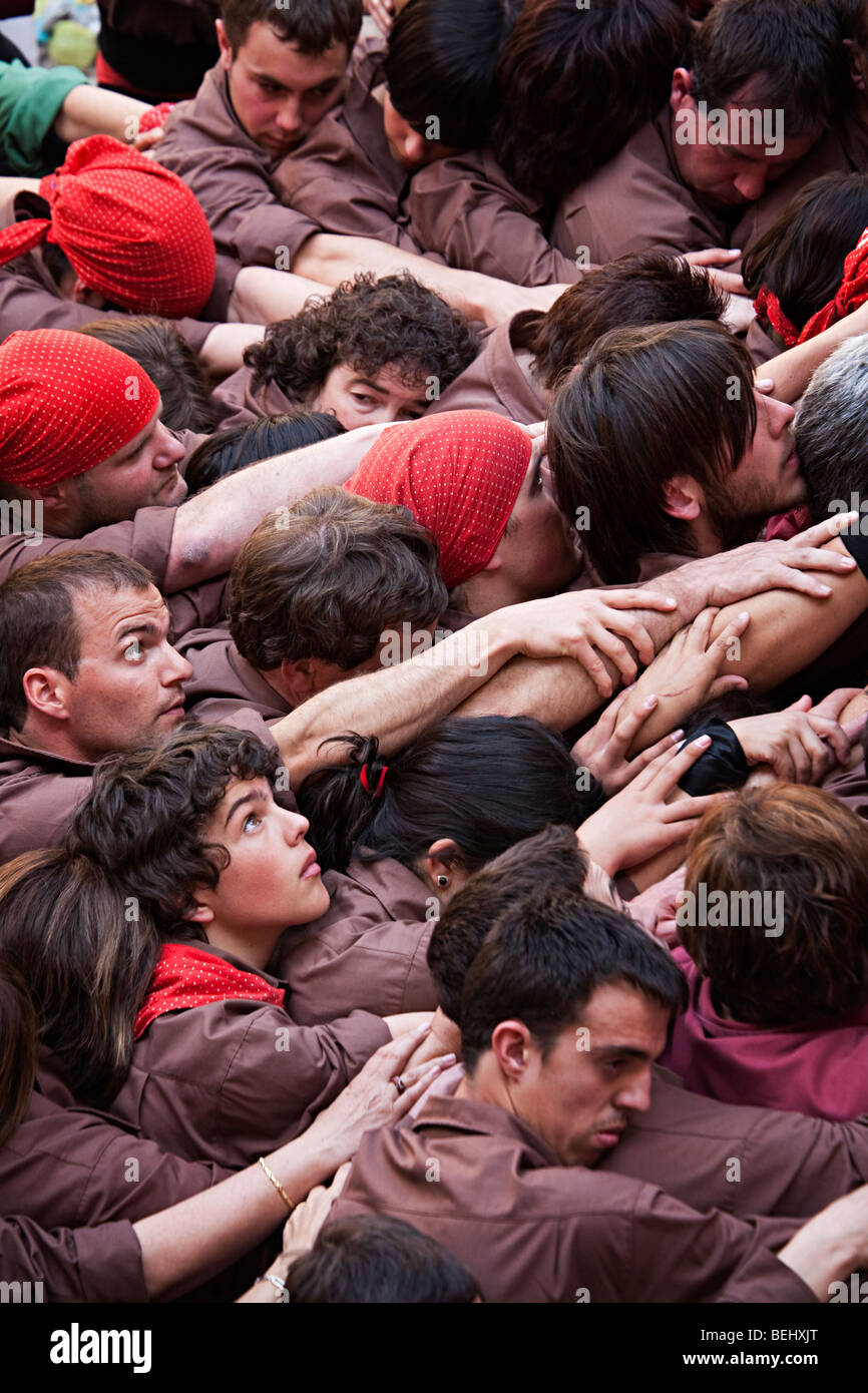 Castellers forming a human pyramid during festival in Bellver Castle Palma Mallorca Spain Stock Photo