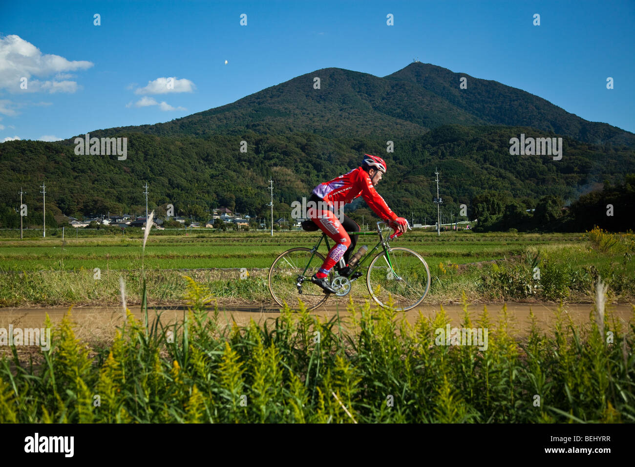 Japanese Cyclist at Tsukuba Bike Trail Stock Photo