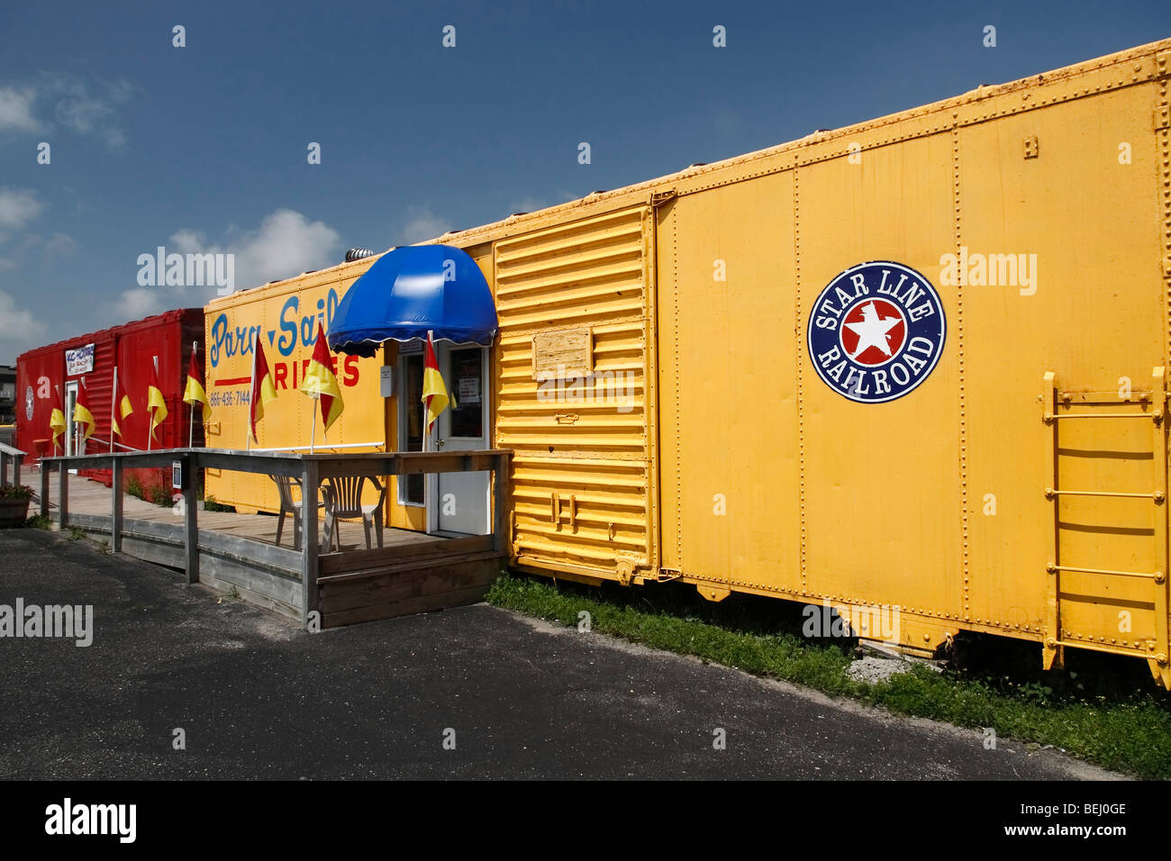 Train carriages converted into offices in Saint Ignace low angle close up in USA nobody none hi-res Stock Photo