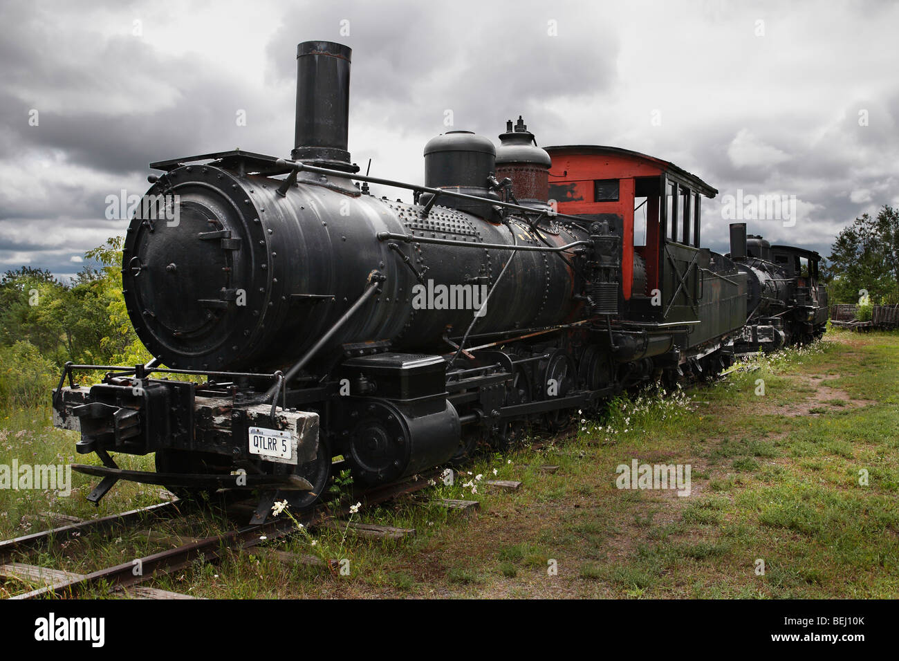 Historical old steam locomotive engine at Quincy Mine Michigan in USA  old vintage fashioned wallpapers wallpaper pictures nobody front side hi-res Stock Photo