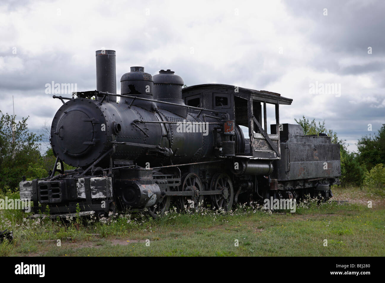 Historical old steam locomotive engine at Quincy Mine Michigan in USA  old vintage fashioned wallpapers wallpaper nobody hi-res Stock Photo