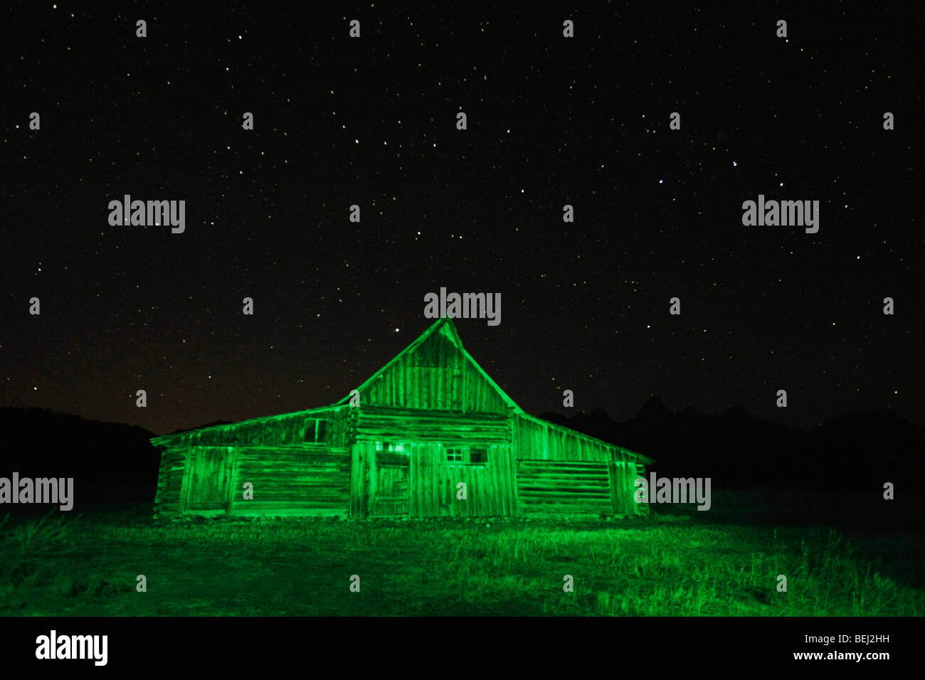 Old wooden Barn at night with stars, Antelope Flats, Grand Teton NP,Wyoming, USA Stock Photo