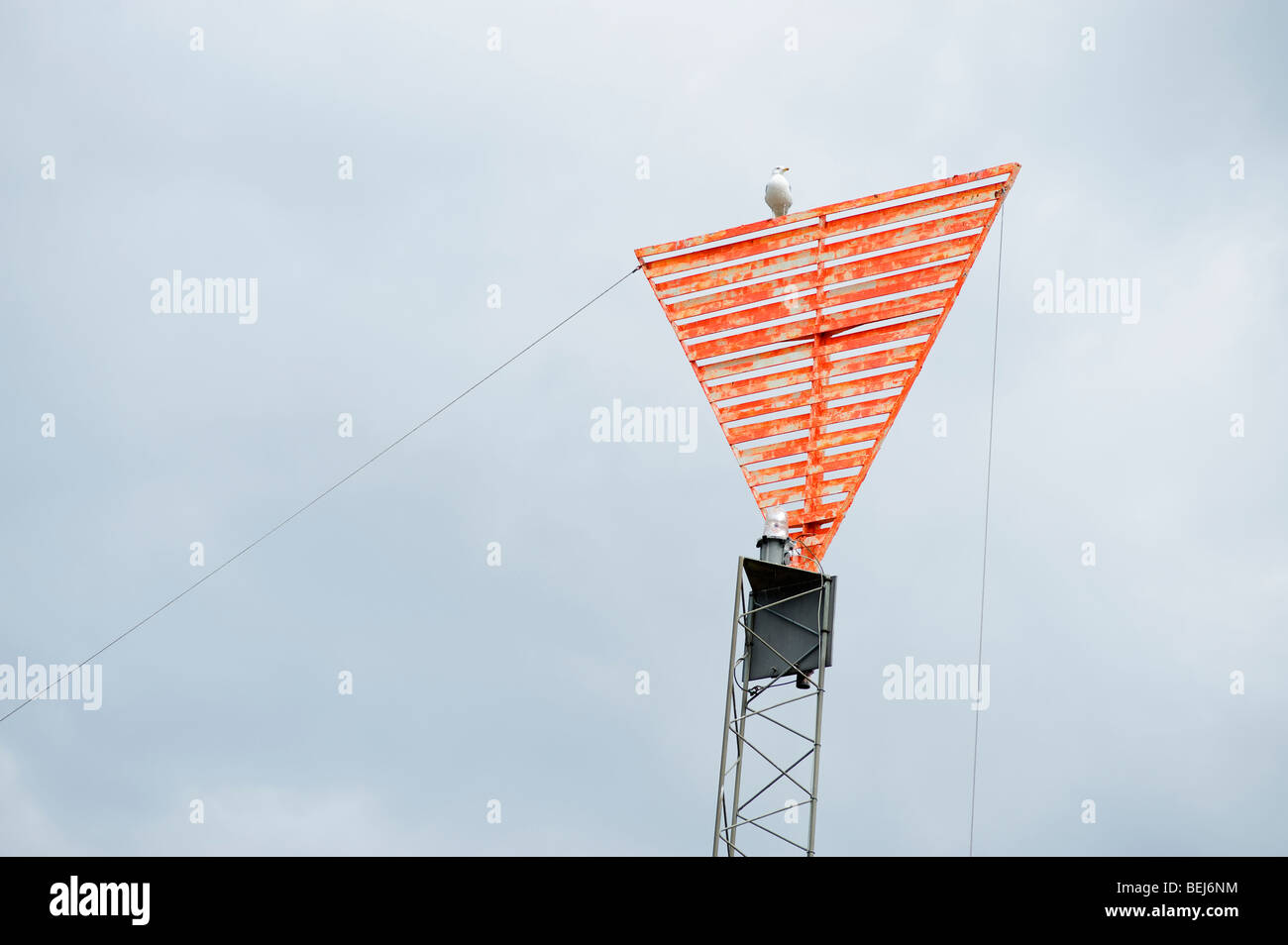 Marine navigation mark and seagull, Denmark Stock Photo
