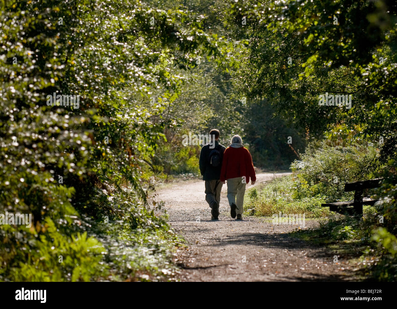 A man and a woman walking along a path in Thorndon Park in Essex Stock ...