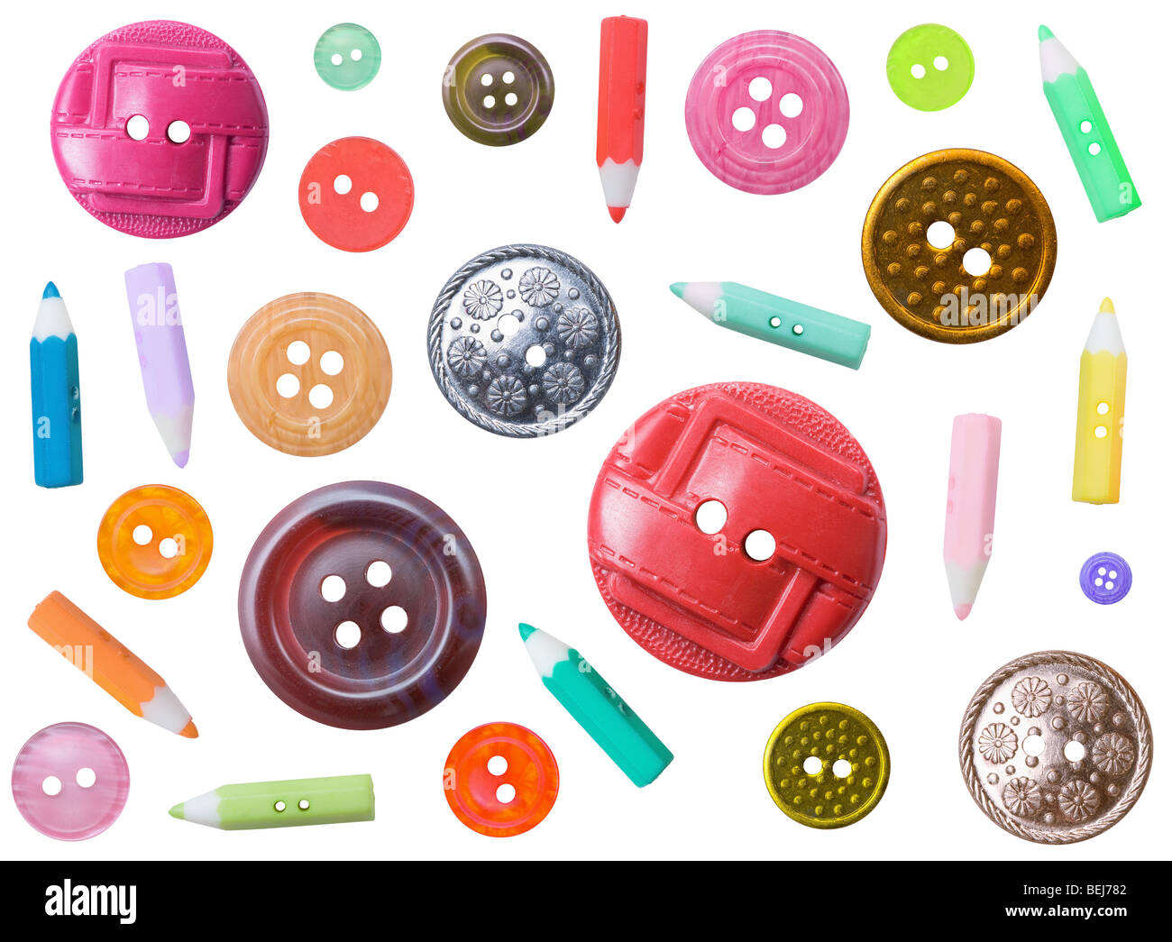 Set of plastic ancient color different buttons isolated on a white ...