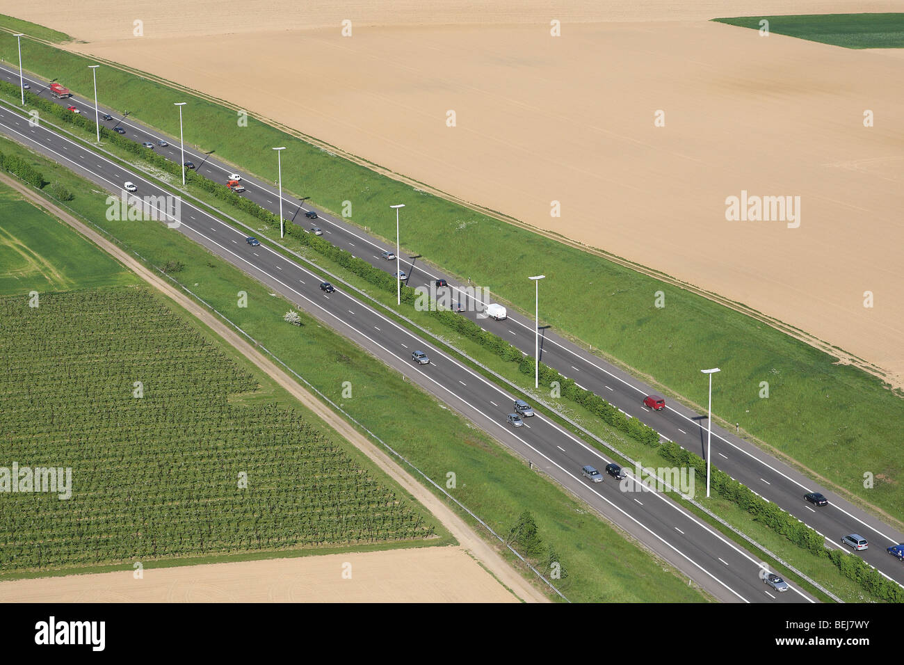 Car traffic on highway from the air, Belgium Stock Photo