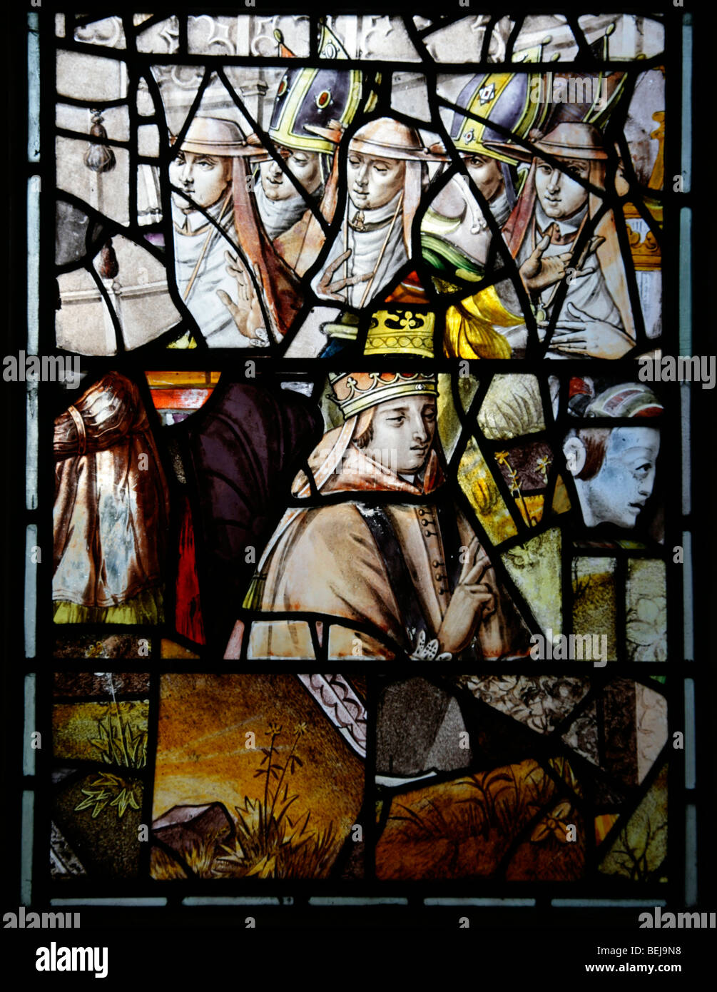 Detail of 16th or 17th century French or German stained glass window, St Mary Magdalene Church, Warham, Norfolk Stock Photo