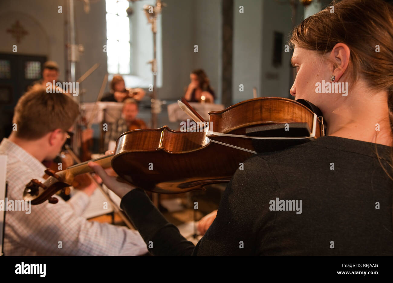 Norway Selbu church Trondheimsolistene chamber orchestra musician violinists string players Stock Photo