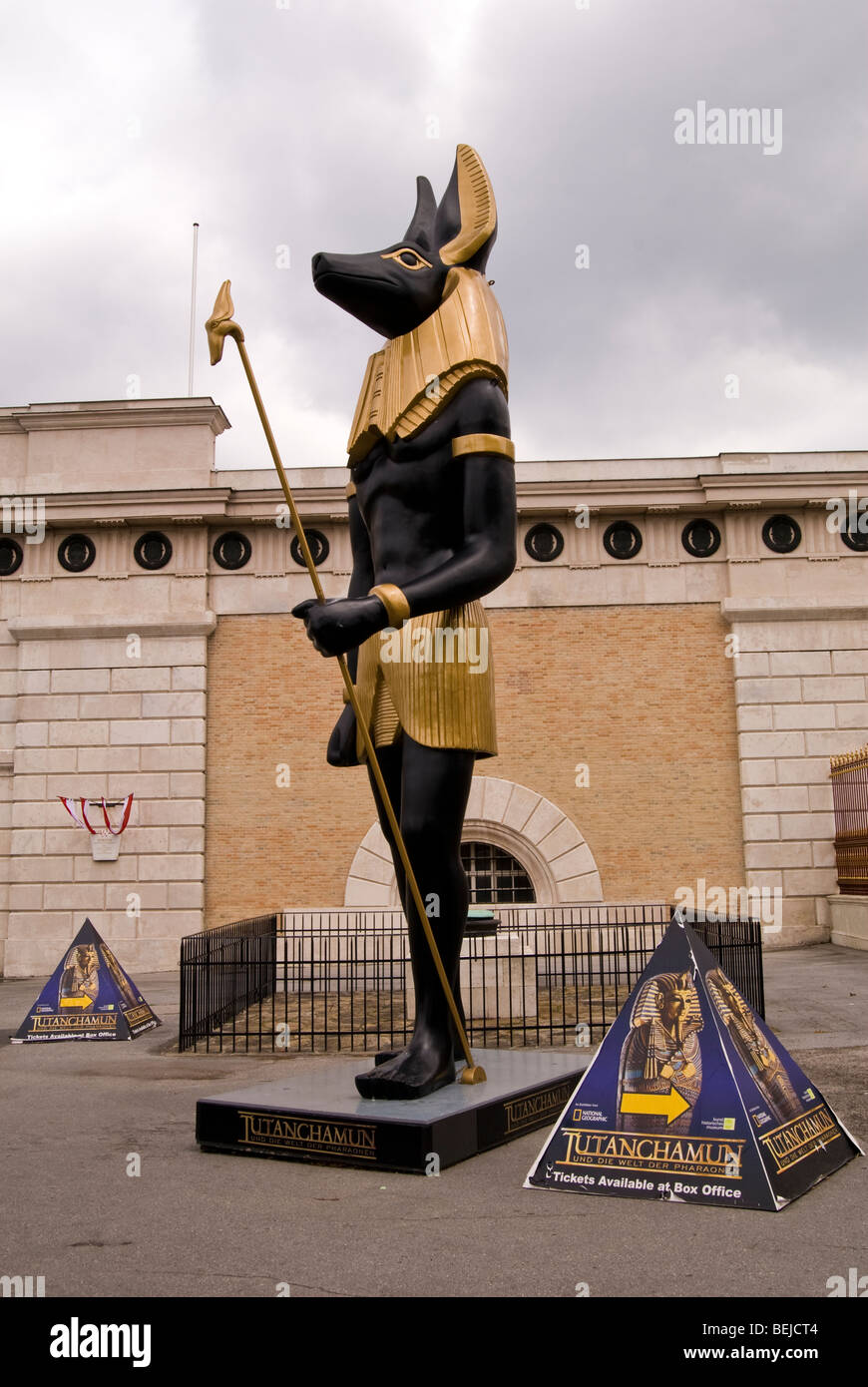 Egyptian God figure 'Anubis', standing outside the museum of Ethnology, Vienna, Austria Stock Photo