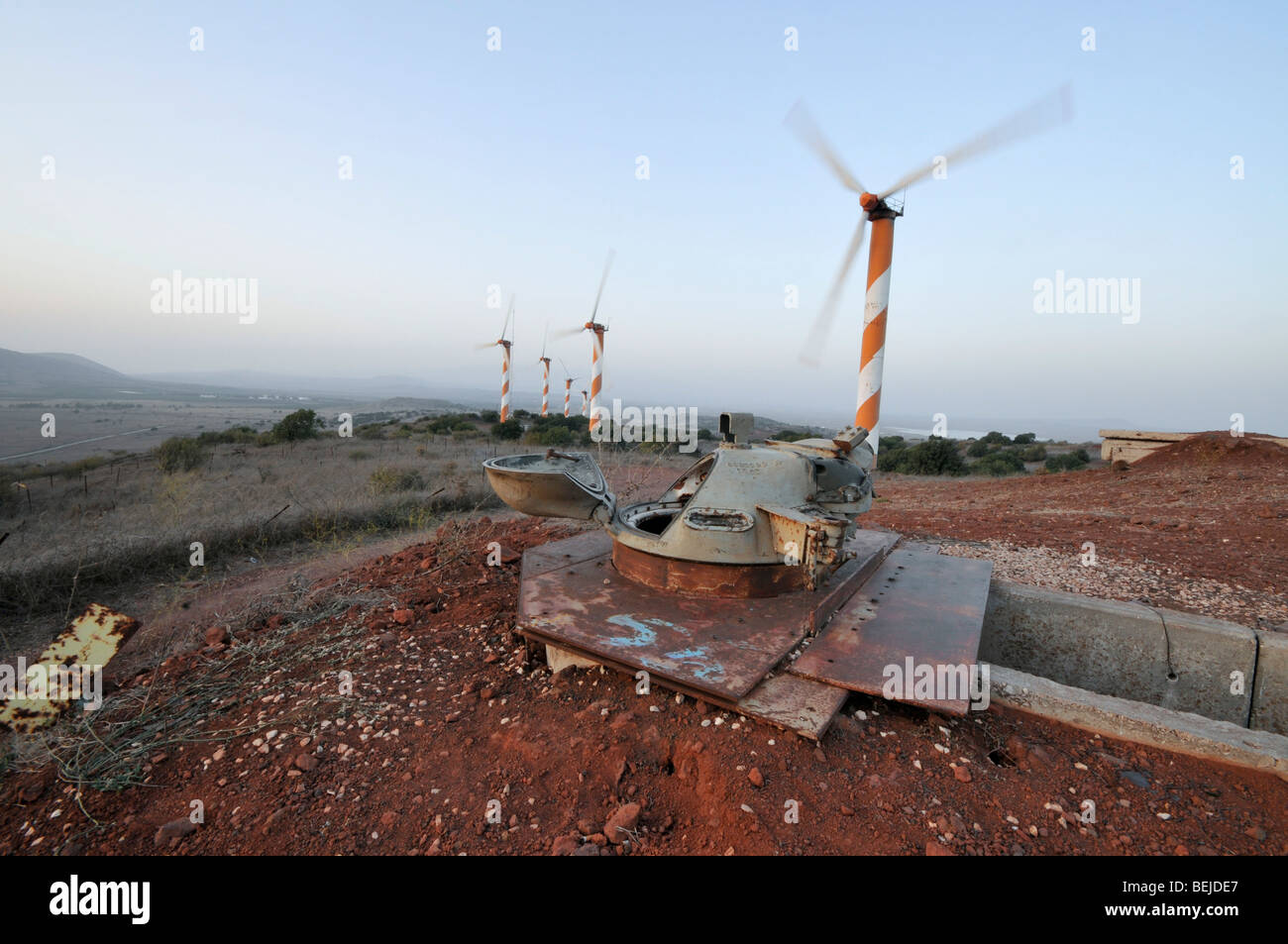Israel, Golan Heights, View of Wind turbines near kibbutz Ein Zivan Stock Photo