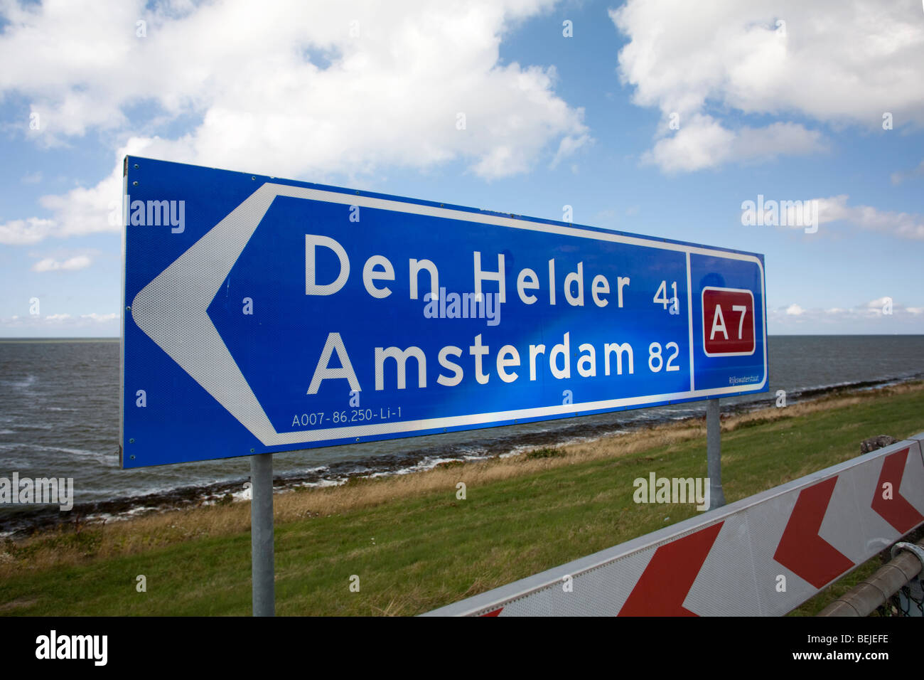 Road sign on the Asfluitdijk direction North Holland. The Netherlands