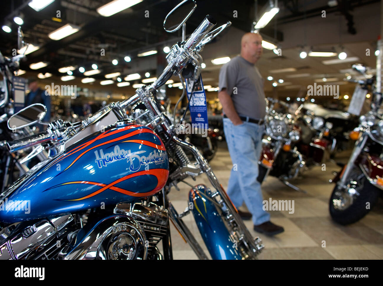 Harley-Davidson Motorcycles on display at a suburban Maryland dealership.  Stock Photo