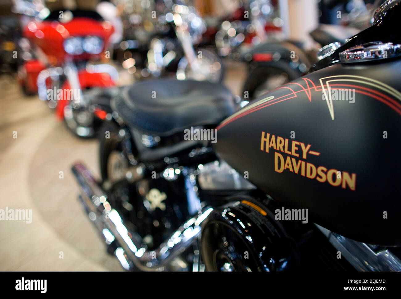 Harley-Davidson Motorcycles on display at a suburban Maryland dealership.  Stock Photo
