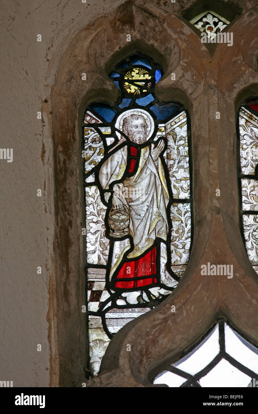 Detail of a medieval stained glass window depicting St Philip the Apostle, St Mary's Church, Stody, Norfolk Stock Photo