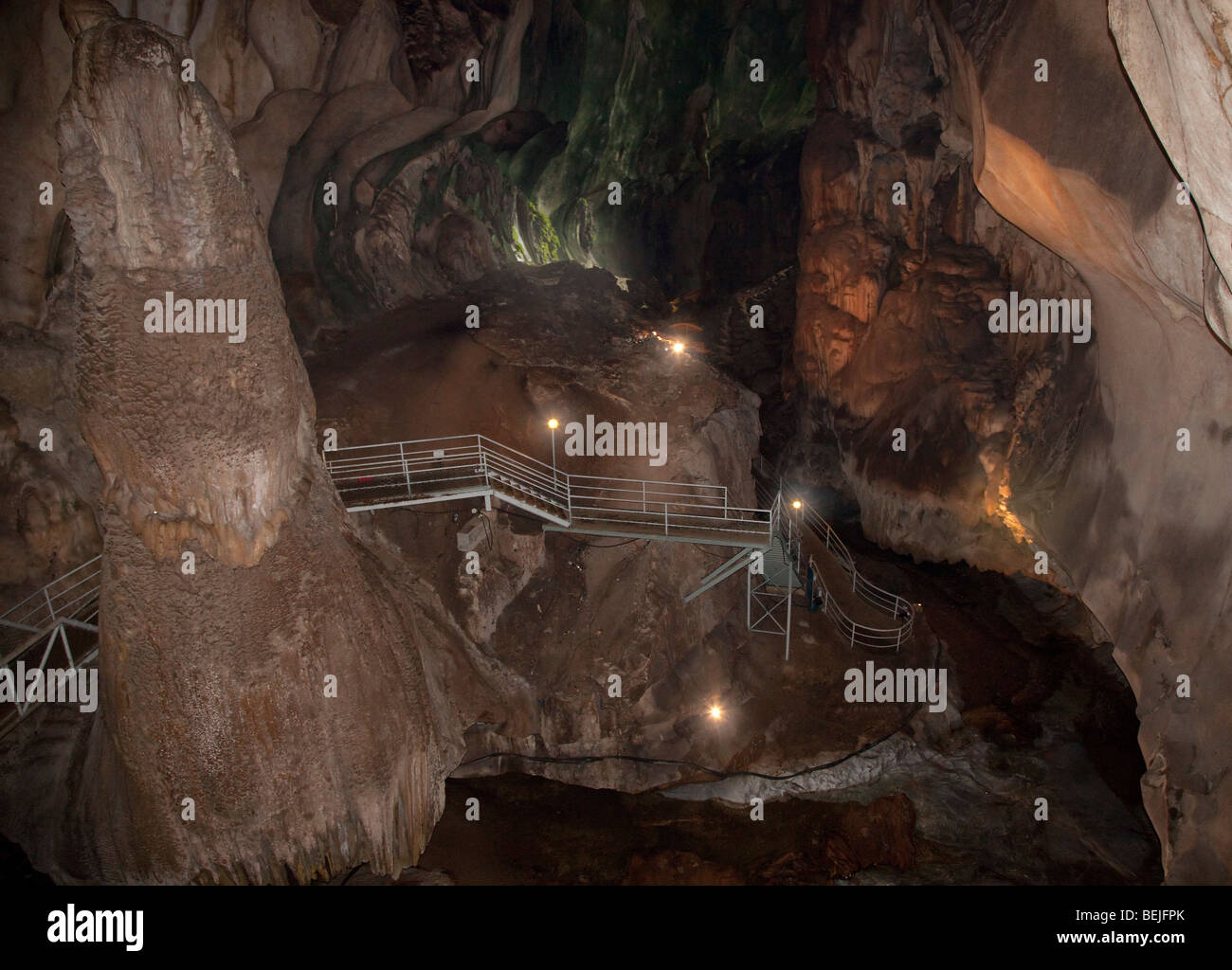 Gua Tempurung cave interior showing large stalacmite and walkways Stock Photo