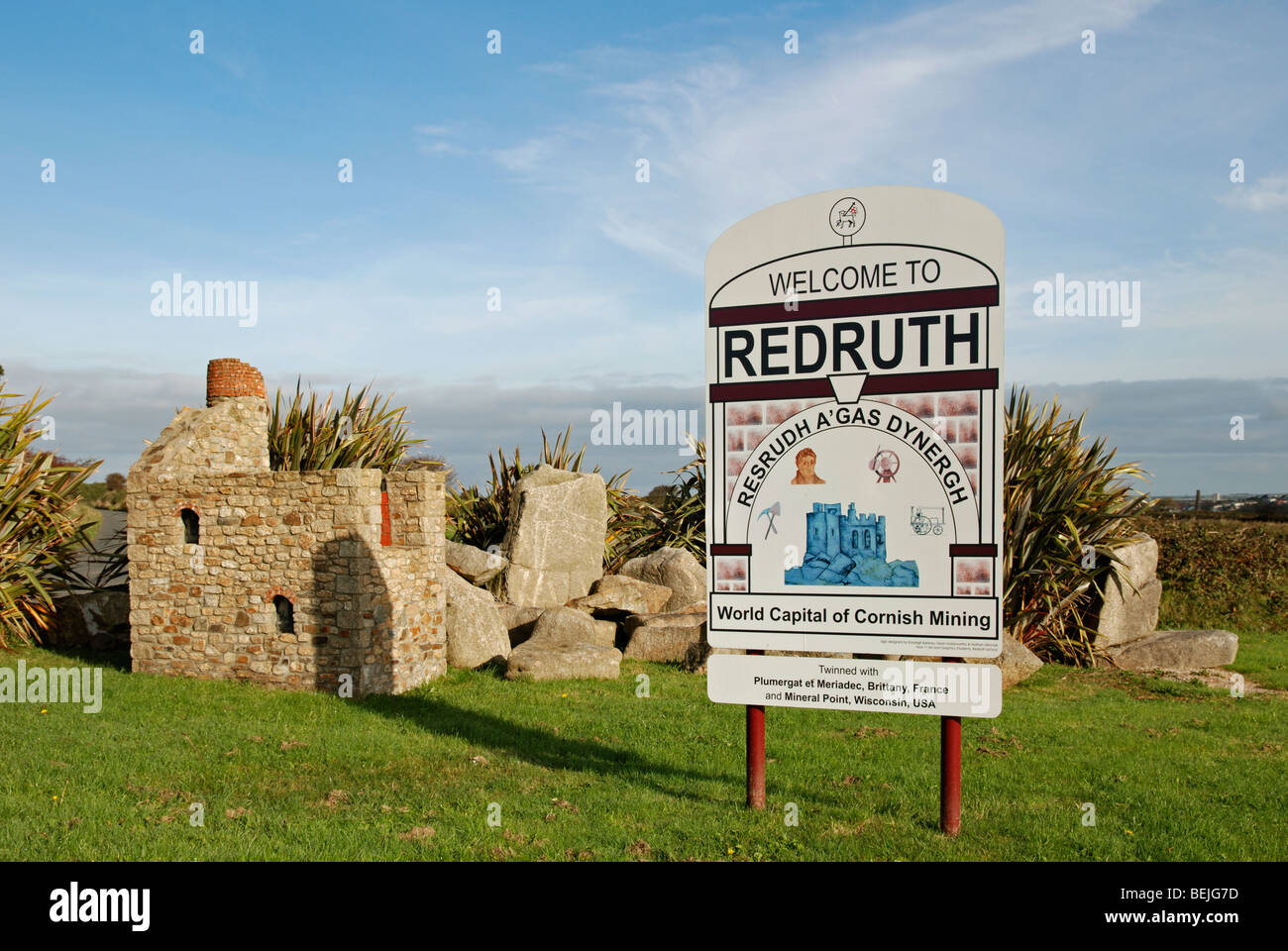 welcome sign on the outskirts of redruth in cornwall, uk Stock Photo