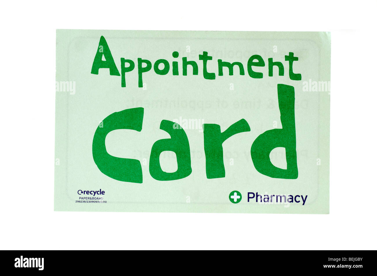 Green Pharmacy Appointment Card on recycled card Stock Photo