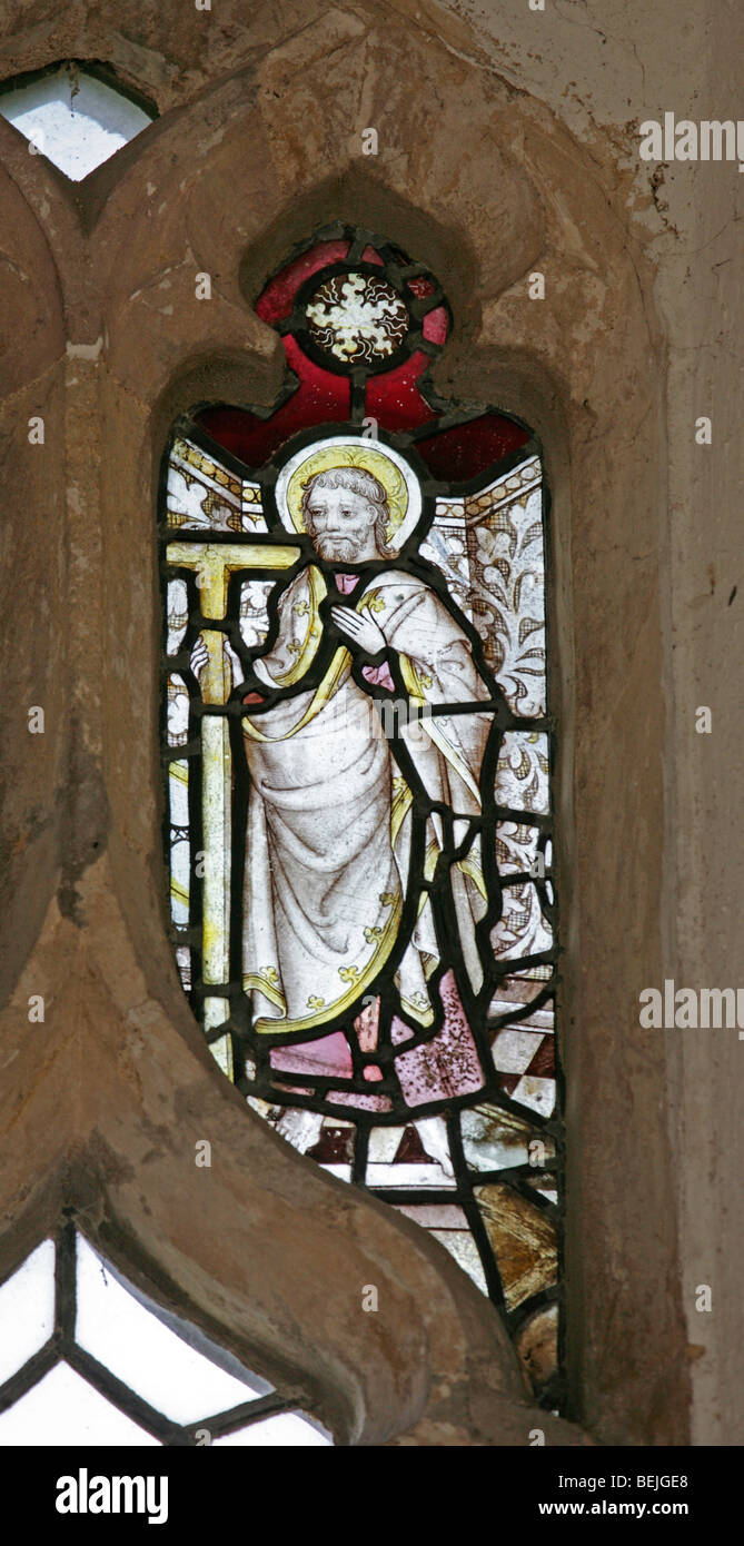 Detail of a medieval stained glass window depicting St Thomas the Apostle, St Mary's Church, Stody, Norfolk Stock Photo