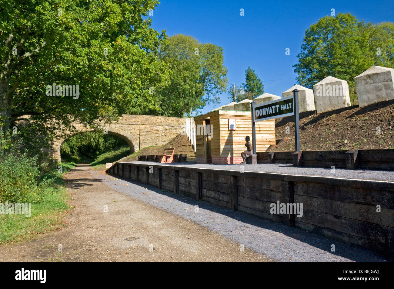 Railway line converted to cycle track with preserved station, Donyatt, Somerset Stock Photo