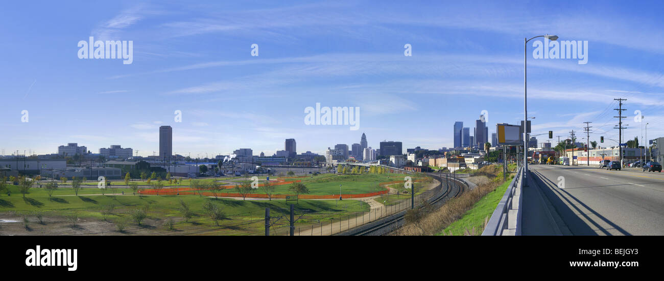 Panoramic Stitch Los Angeles Downtown And Chinatown Skyline Stock