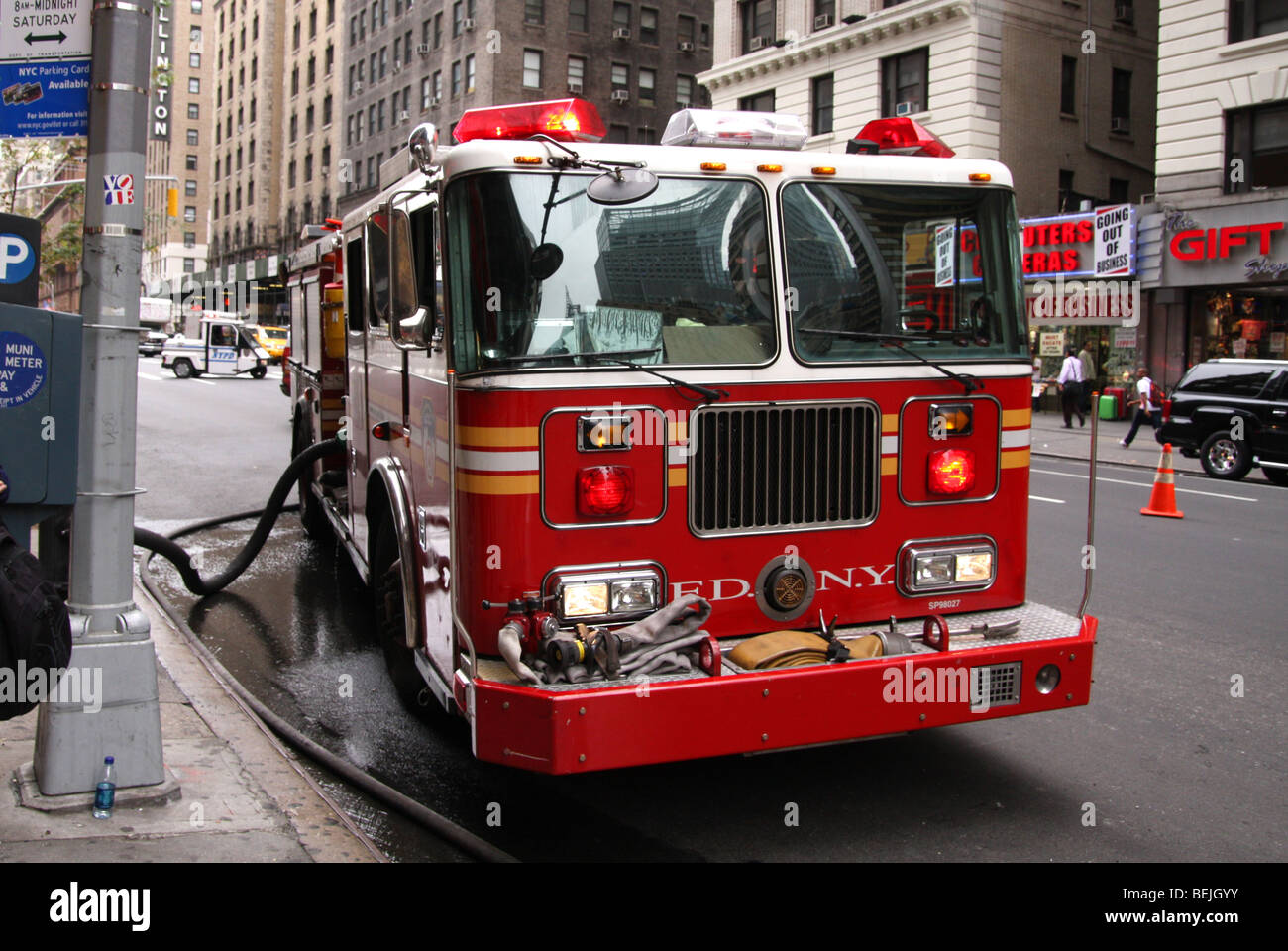 USA, New York, taxi fire, near to Times Square, black smoke 3 Sep 2009 ...