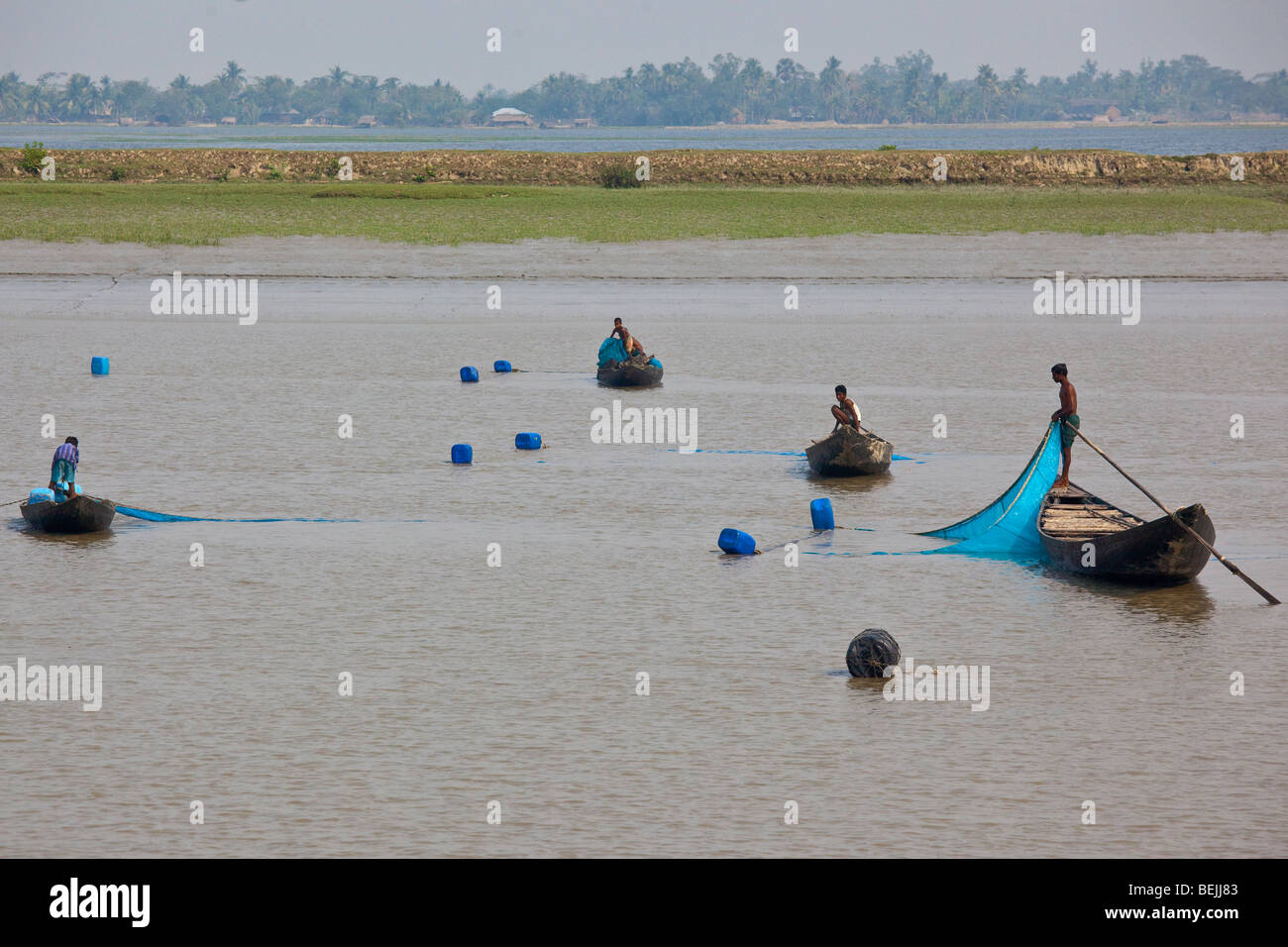 Seen from the Rocket: Fishing Boats on the Brahmaputra River in Bangladesh Stock Photo