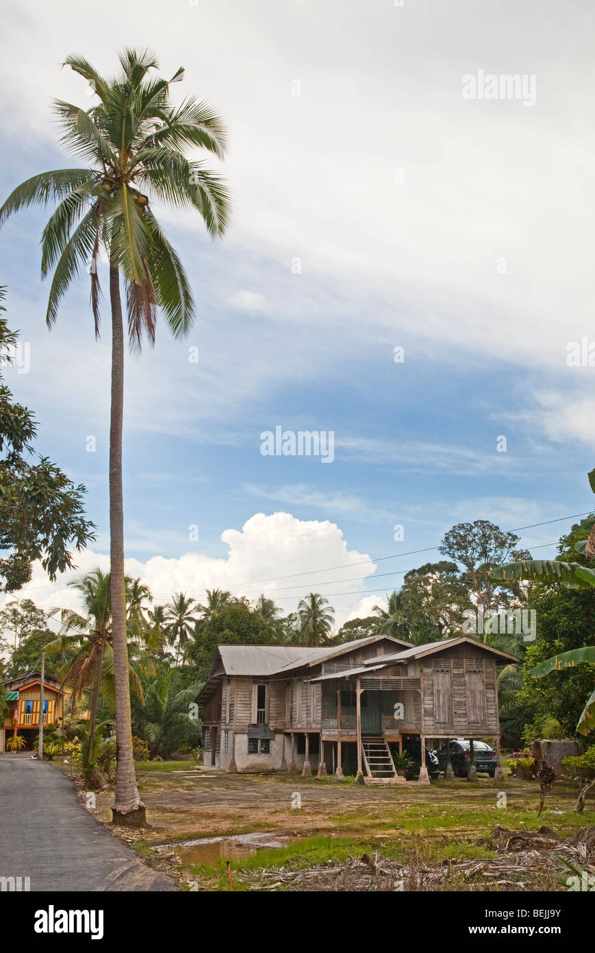 Typical Malay wooden Kampung house on stilts, Malaysia Stock Photo