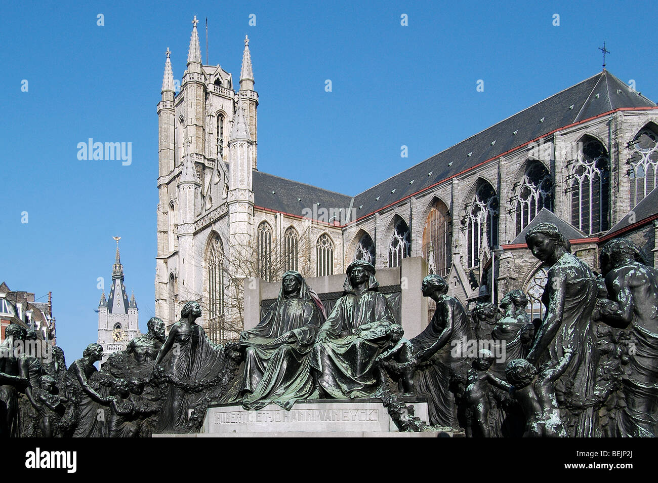 Monument Van Eyck brothers, Ghent, Belgium Stock Photo