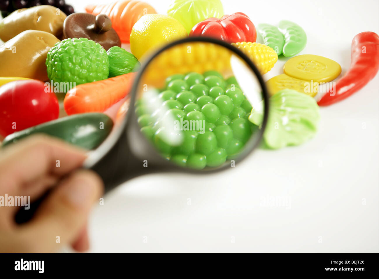 Plastic game, fake varied vegetables and fruits. Children food