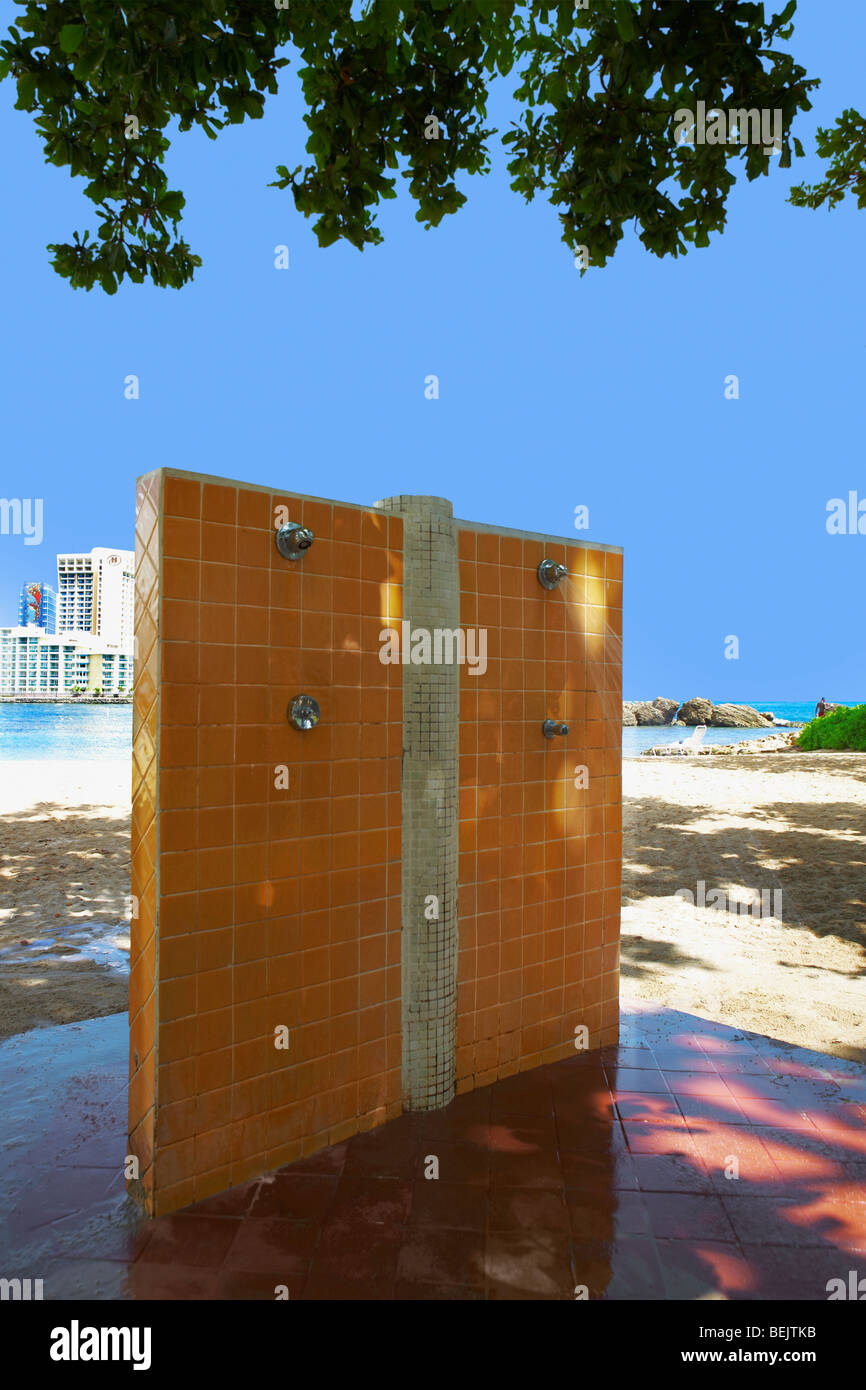 Outdoor showers on an empty beach, Condado Beach, San Juan, Puerto Rico