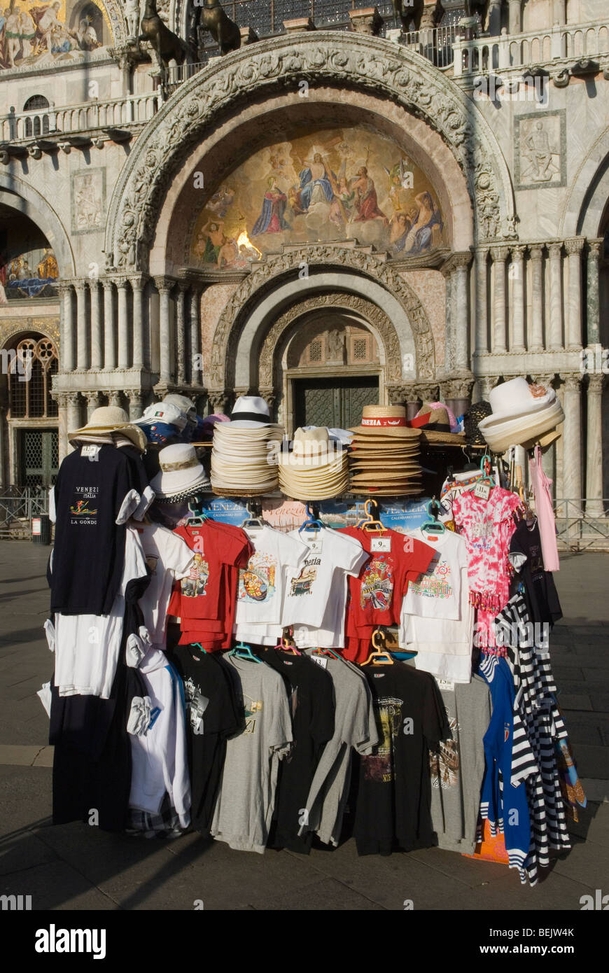 Venice Italy Tourists souvenir stall outside Basilica San Marco. Saint Marks Square Piazza San Marco 2009 2000s HOMER SYKES Stock Photo
