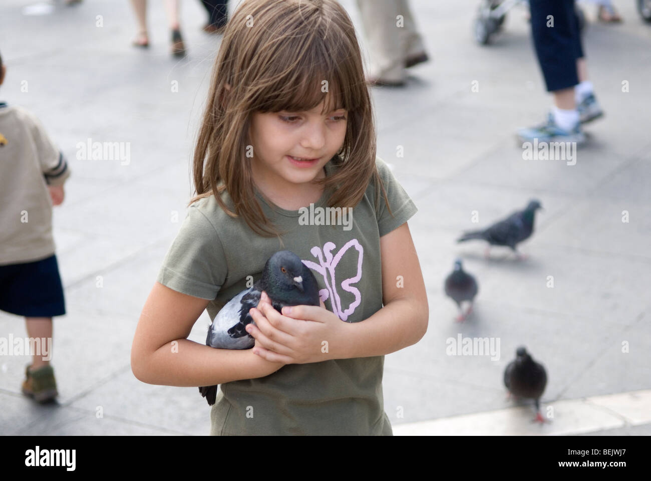 Childhood Young girl with ferral pigeon HOMER SYKES Stock Photo