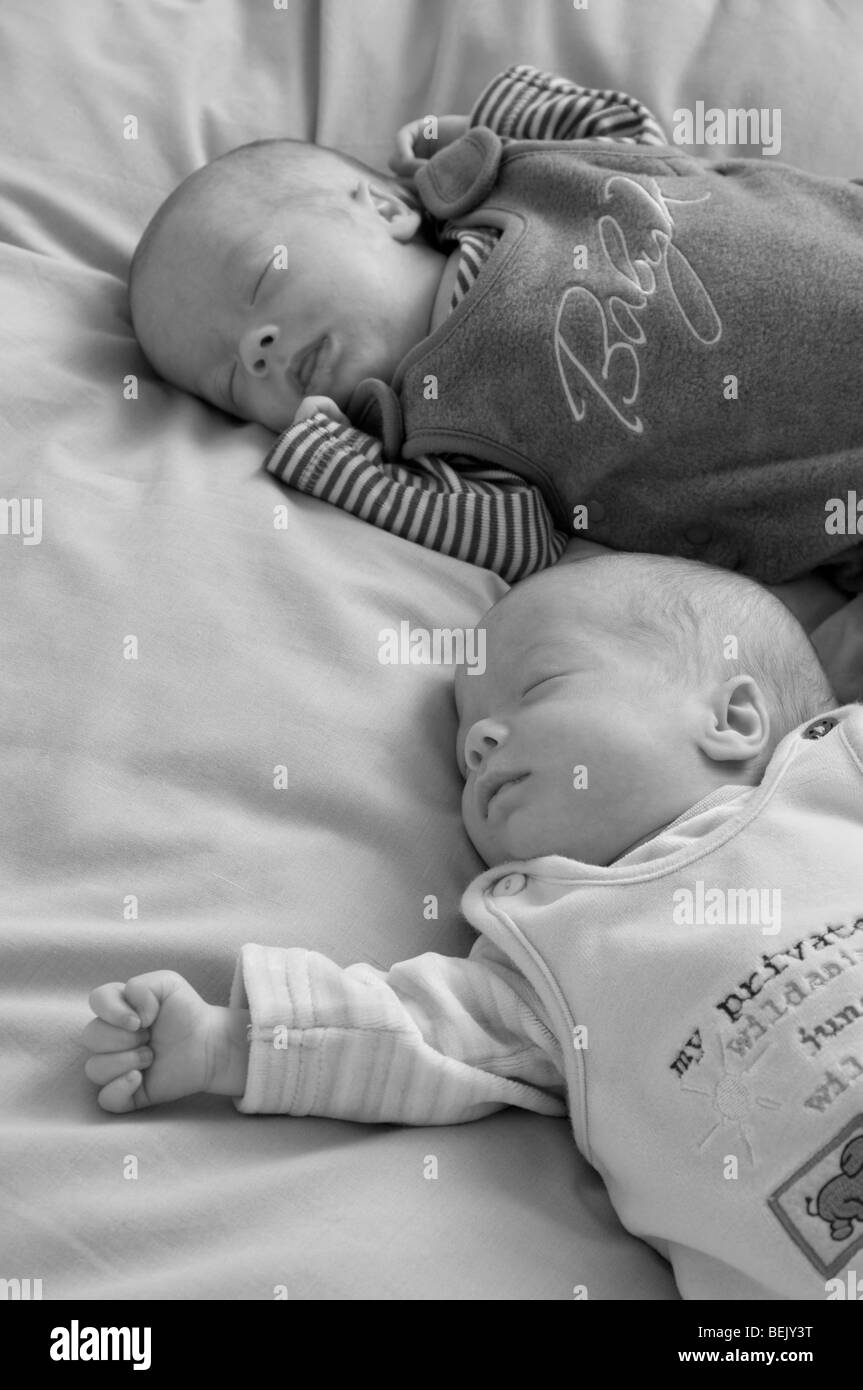 Premature babies asleep, identical twin boys Stock Photo