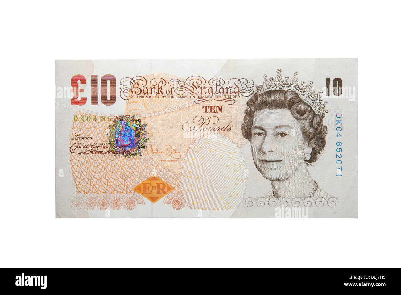 Ten pound note cutout onto a white background Stock Photo
