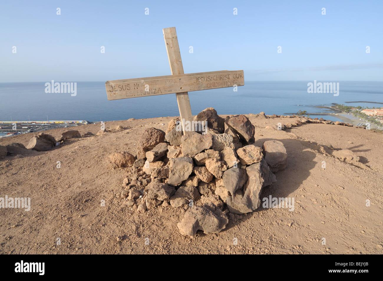 Cross on top of Chayofita mountain. Los Cristianos, Tenerife Spain Stock Photo