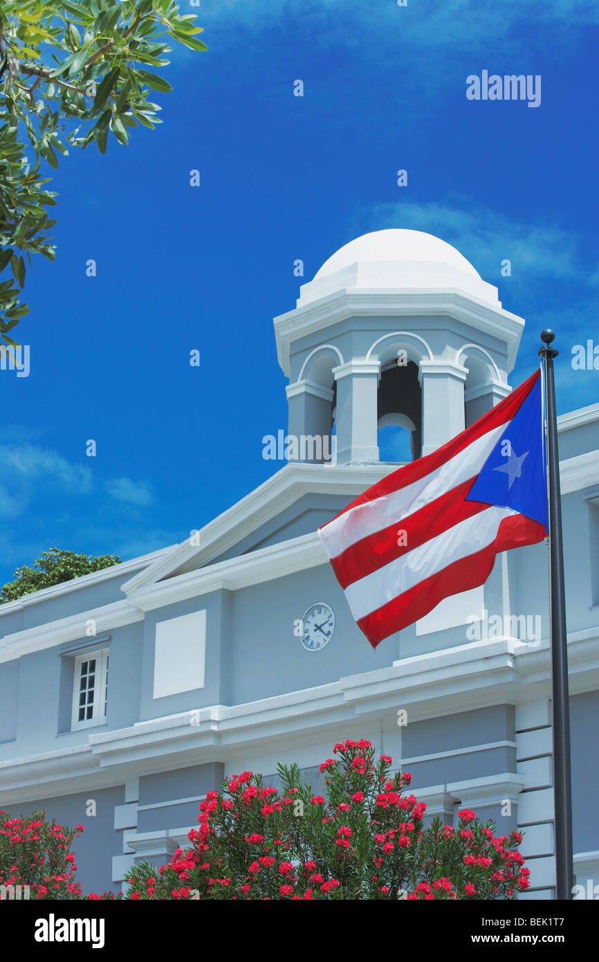 Low Angle View Of A Puerto Rican Flag In Front Of A Building Old