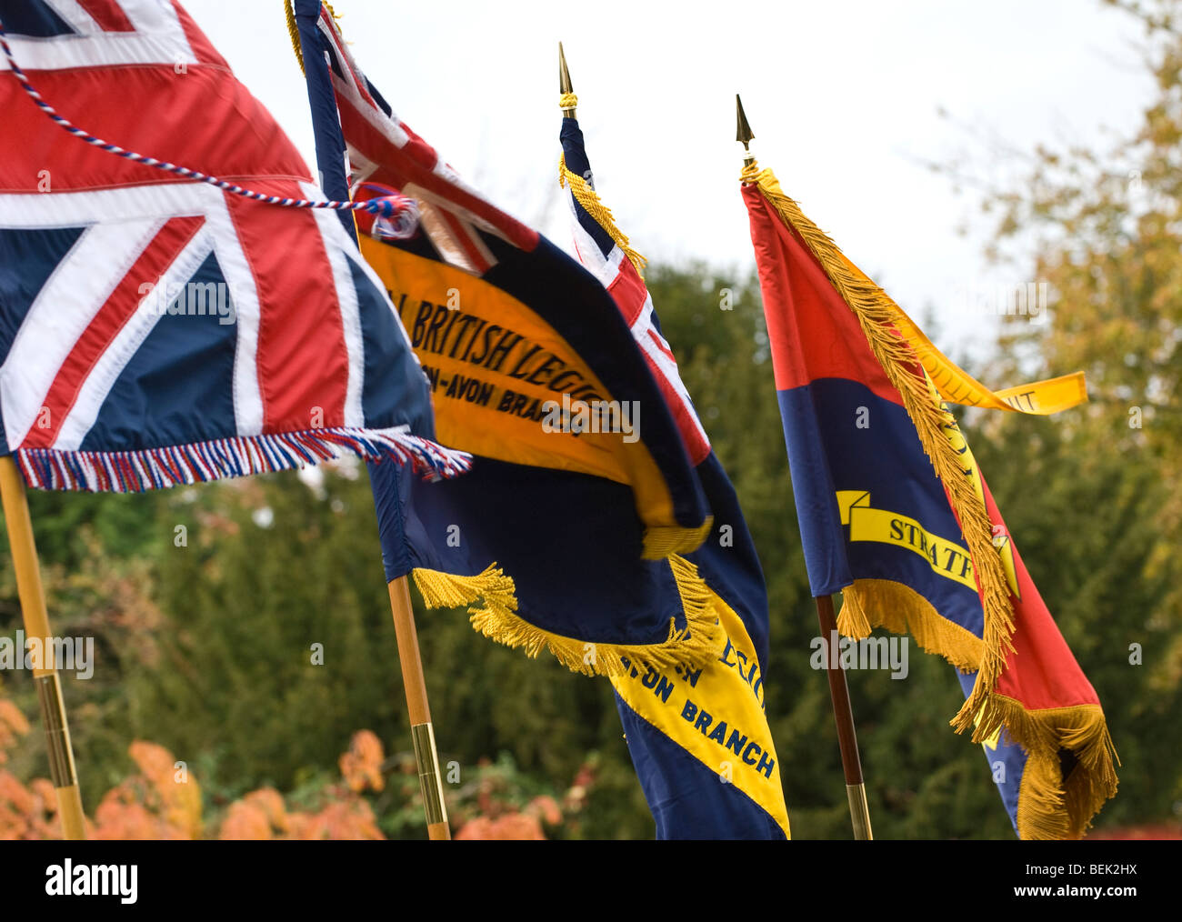 Union flag and British Legion flags on Remembrance Sunday Stock Photo