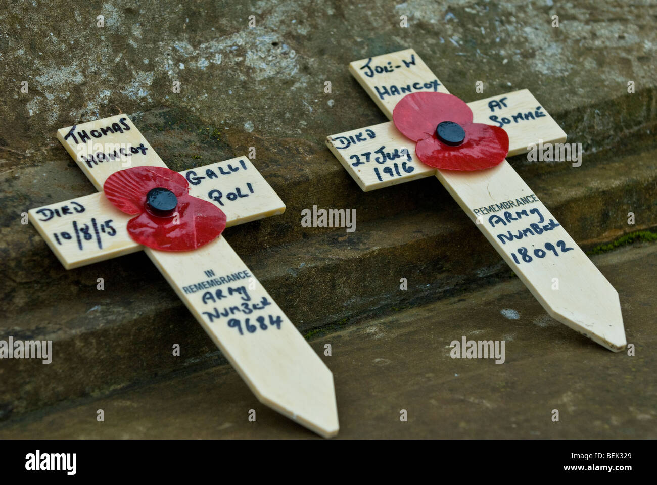 Two wooden crosses and poppies at Royal British Legion armistice day