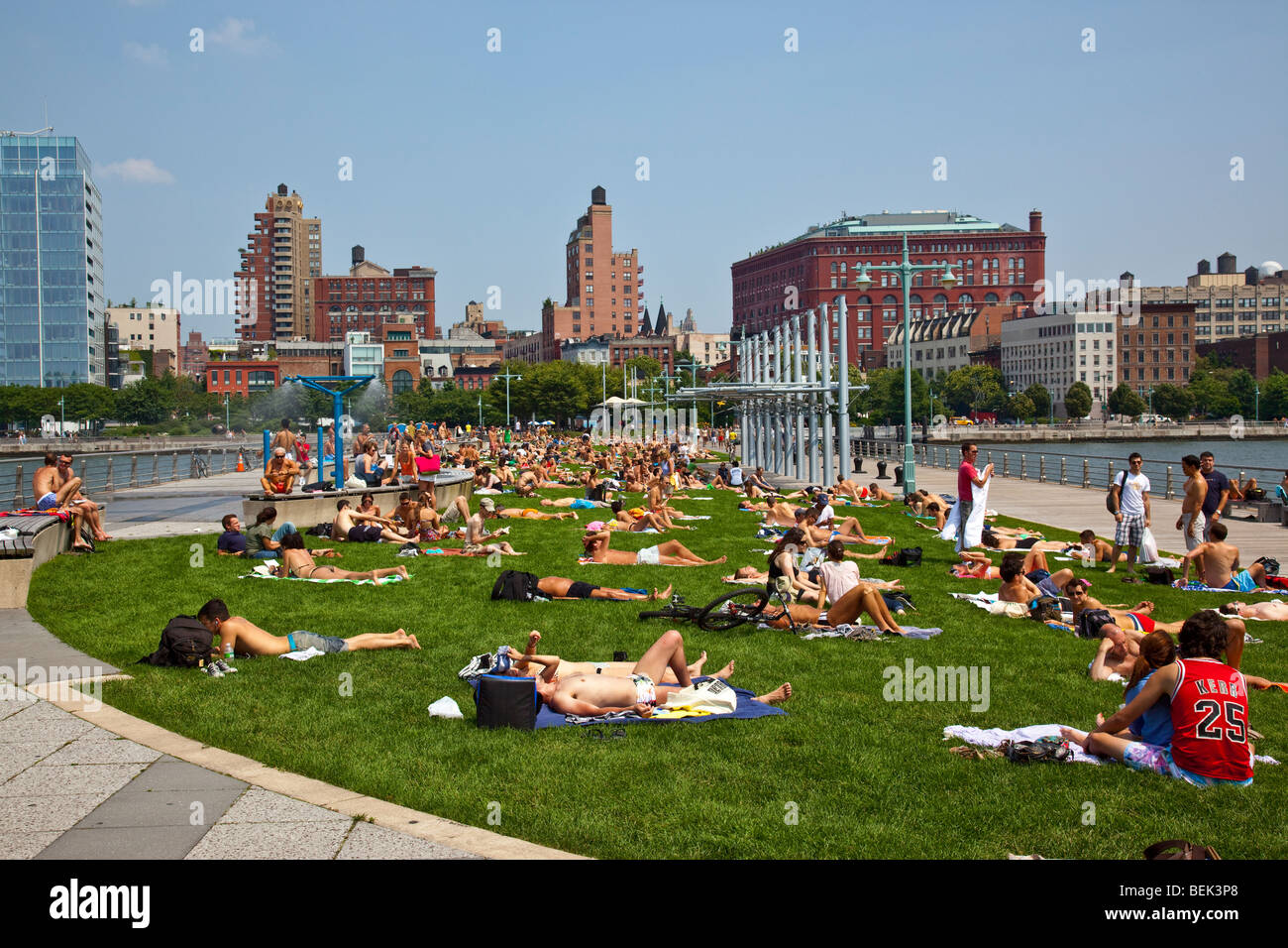 Tanning at Hudson River Park in Manhattan New York City Stock Photo Alamy