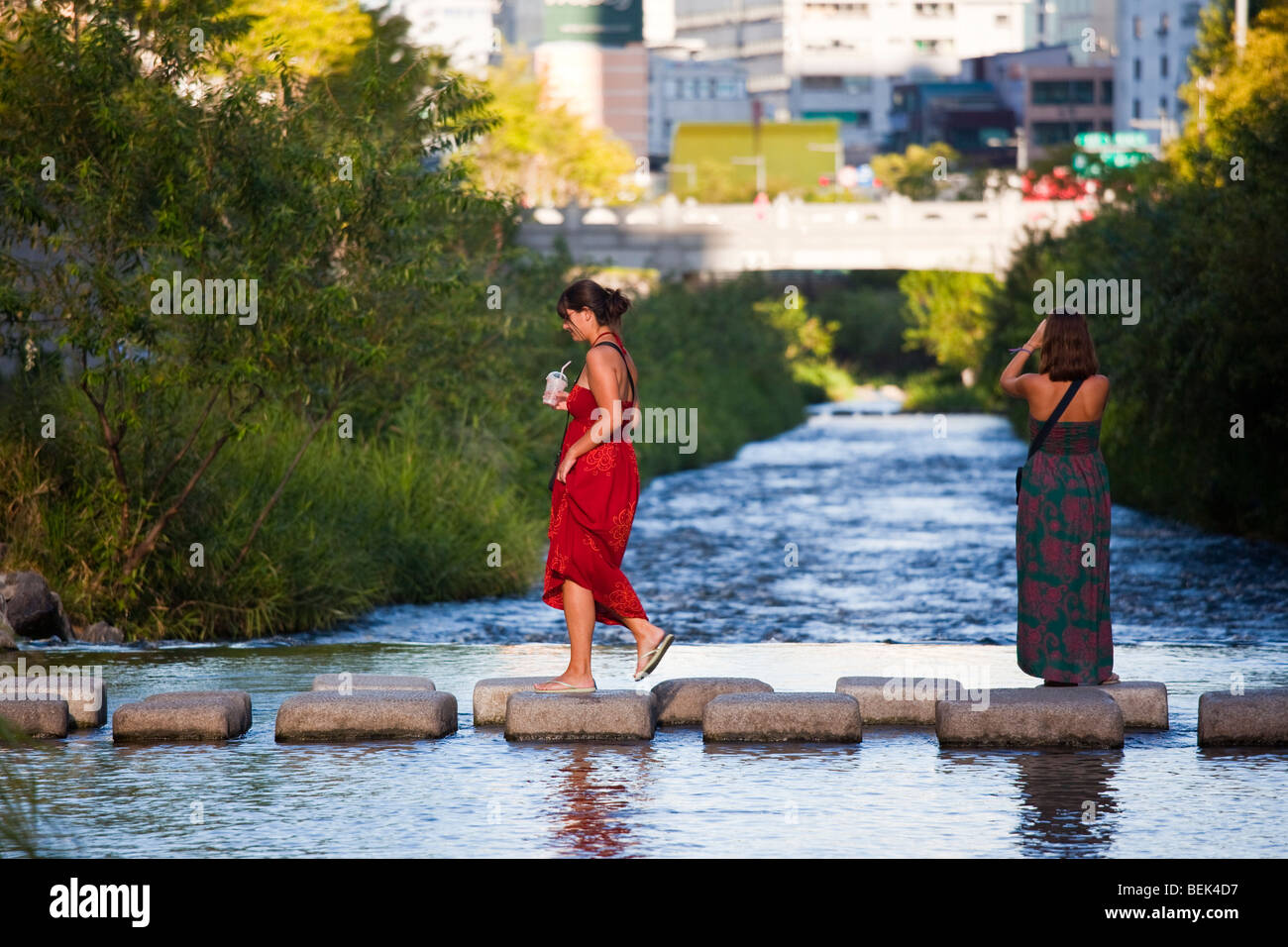 Tourists at Cheonggyecheon River in Seoul South Korea Stock Photo