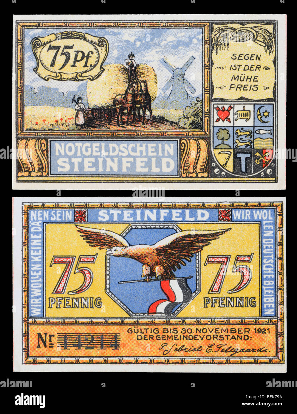 German Notgeld or emergency money. 75 Pfennig note from the town of Steinfeld, 1921 Stock Photo