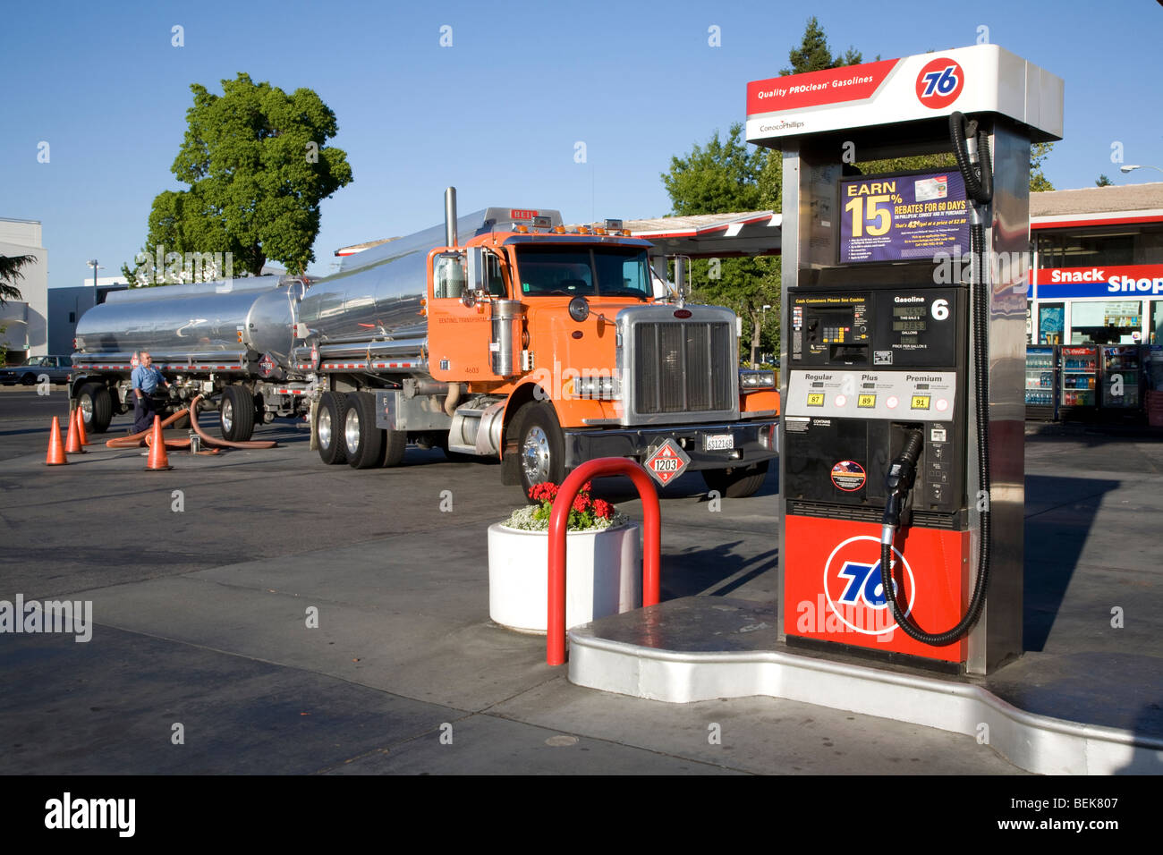 A gas truck delivering gasoline at a gas station. Mountain View, California, USA Stock Photo