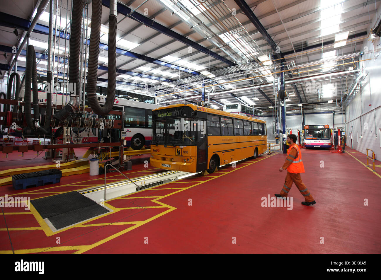 Inside the workshop at the transport company First Bus depot and Headquarters in Aberdeen, Scotland, UK Stock Photo