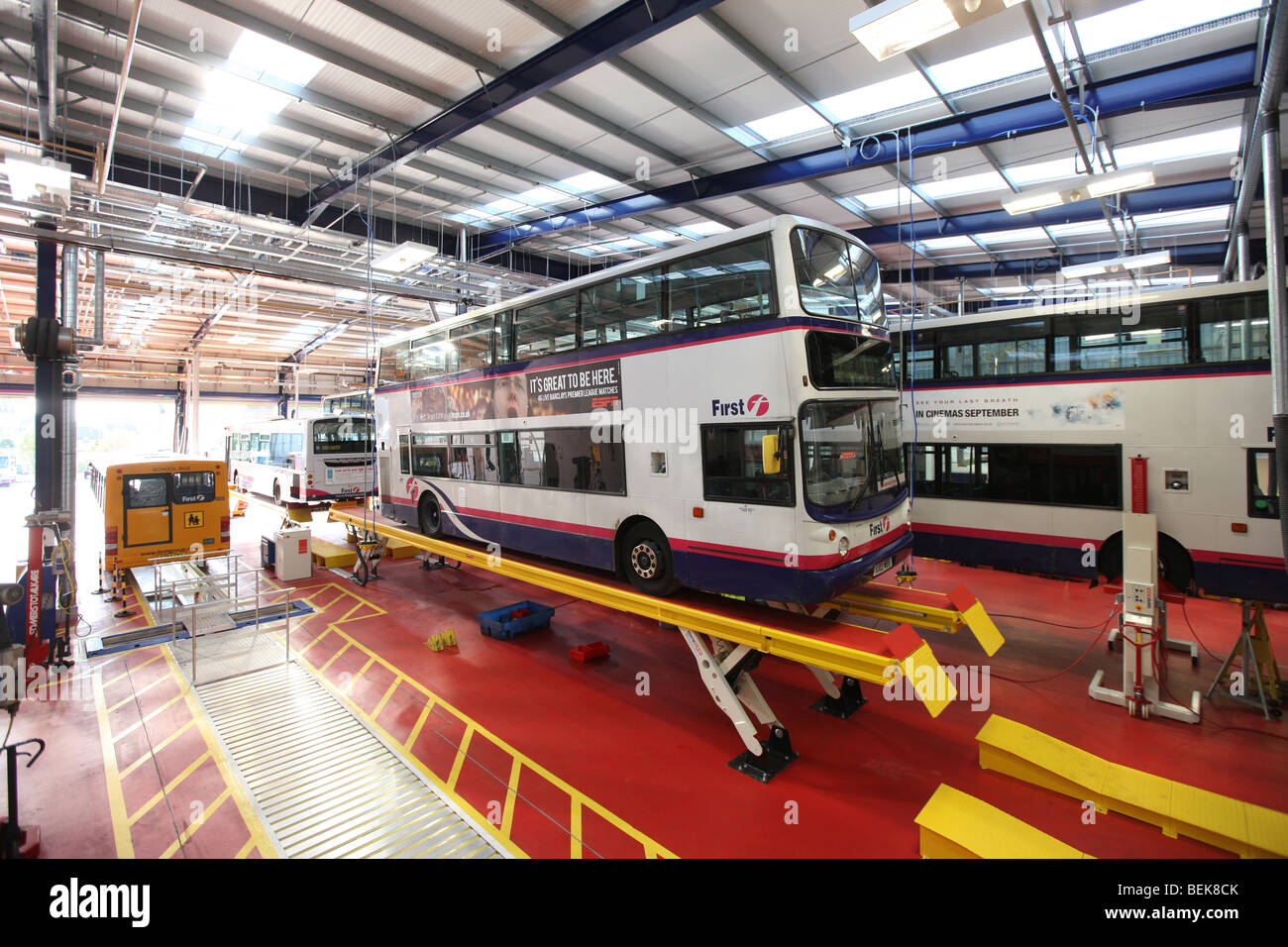 Inside the workshop of the transport company First Bus depot and Headquarters in Aberdeen, Scotland, UK Stock Photo