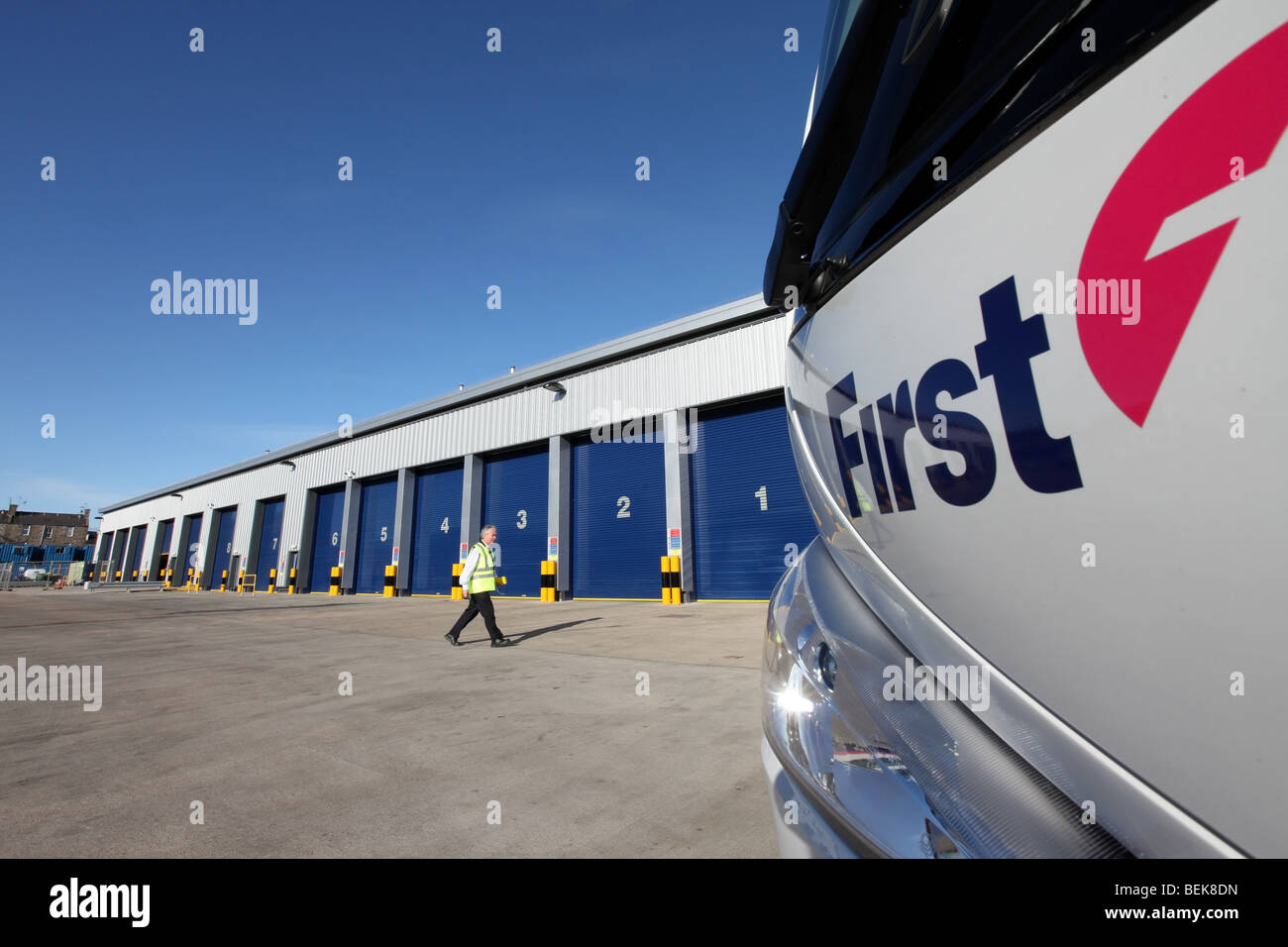 The transport company First Bus depot and Headquarters in Aberdeen, Scotland, UK Stock Photo