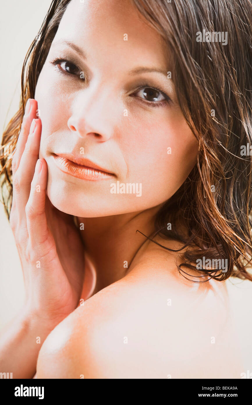 Close-up of a woman thinking Stock Photo